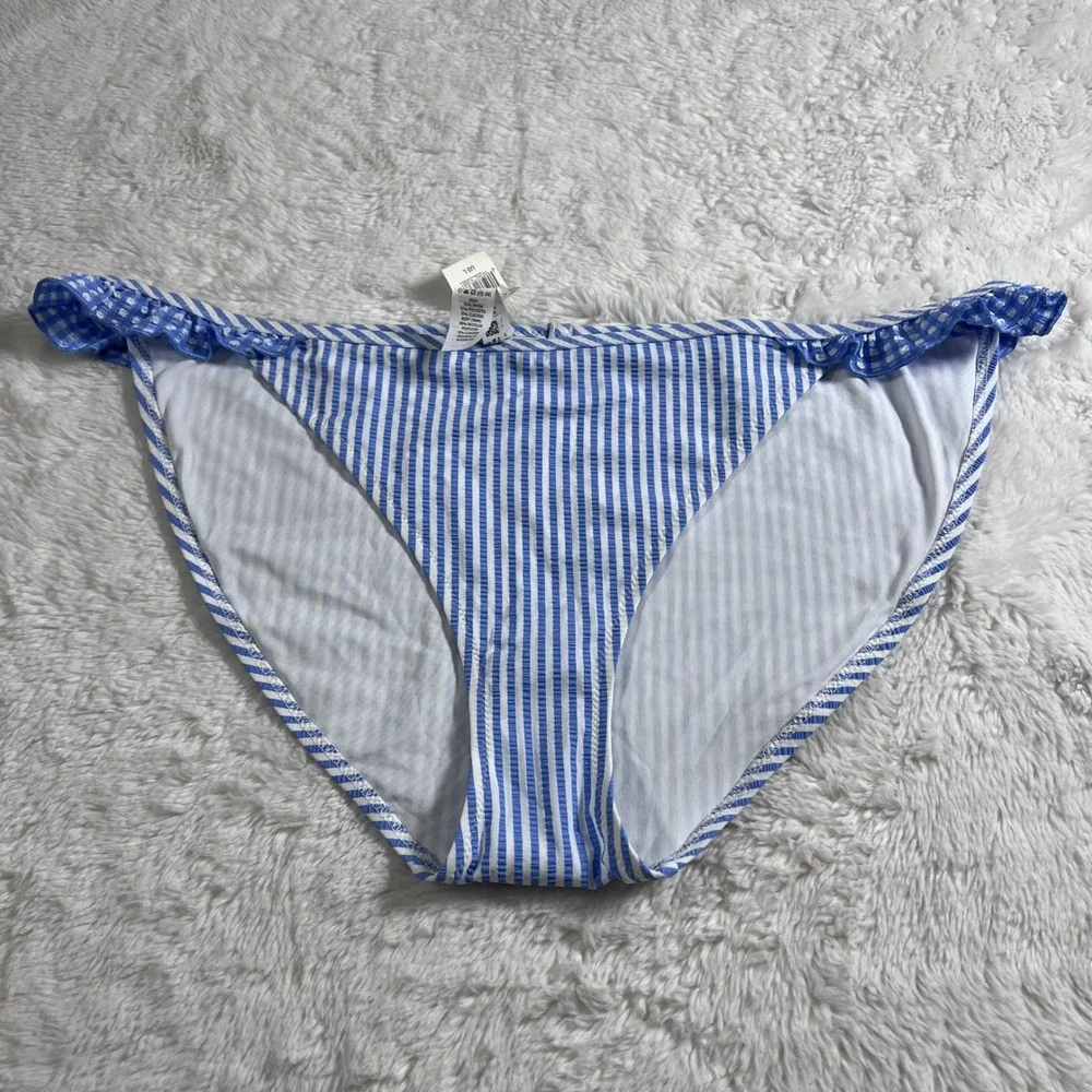 Aerie Women's Blue White Striped Seersucker Ruffle‎ Bikini Bottom Size Large NWT